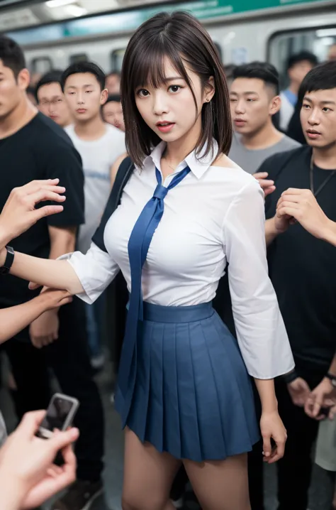 (molestation:1.8) japanese woman, huge breasts:1.5, oversized breasts, (white halfsleeve shirt,darkblue neckribbon,pleated short...