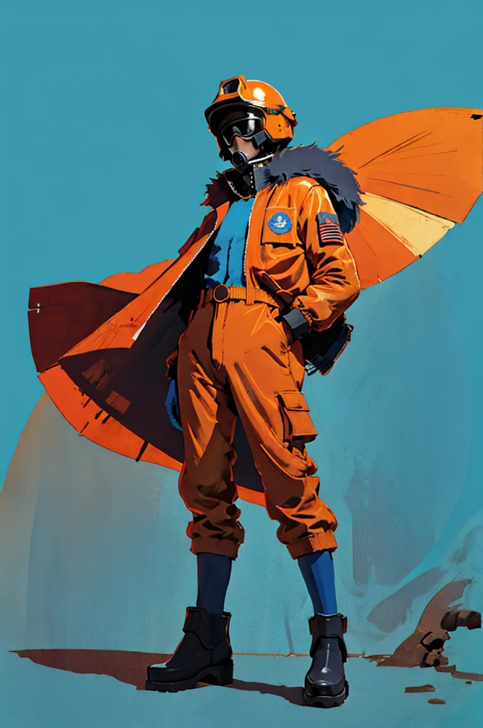 full body image, (ultra detailed,ultra high res,detailed background),((2D)),((flat color)),((muted color)), 1solo, looking at viewer, baggy flight suit, large fur collared bomber jacket, (big red galoshes), plush collar, full body image, square helmet, ((smokey blue background)), ((apocalyptic city)), entire body in frame, 