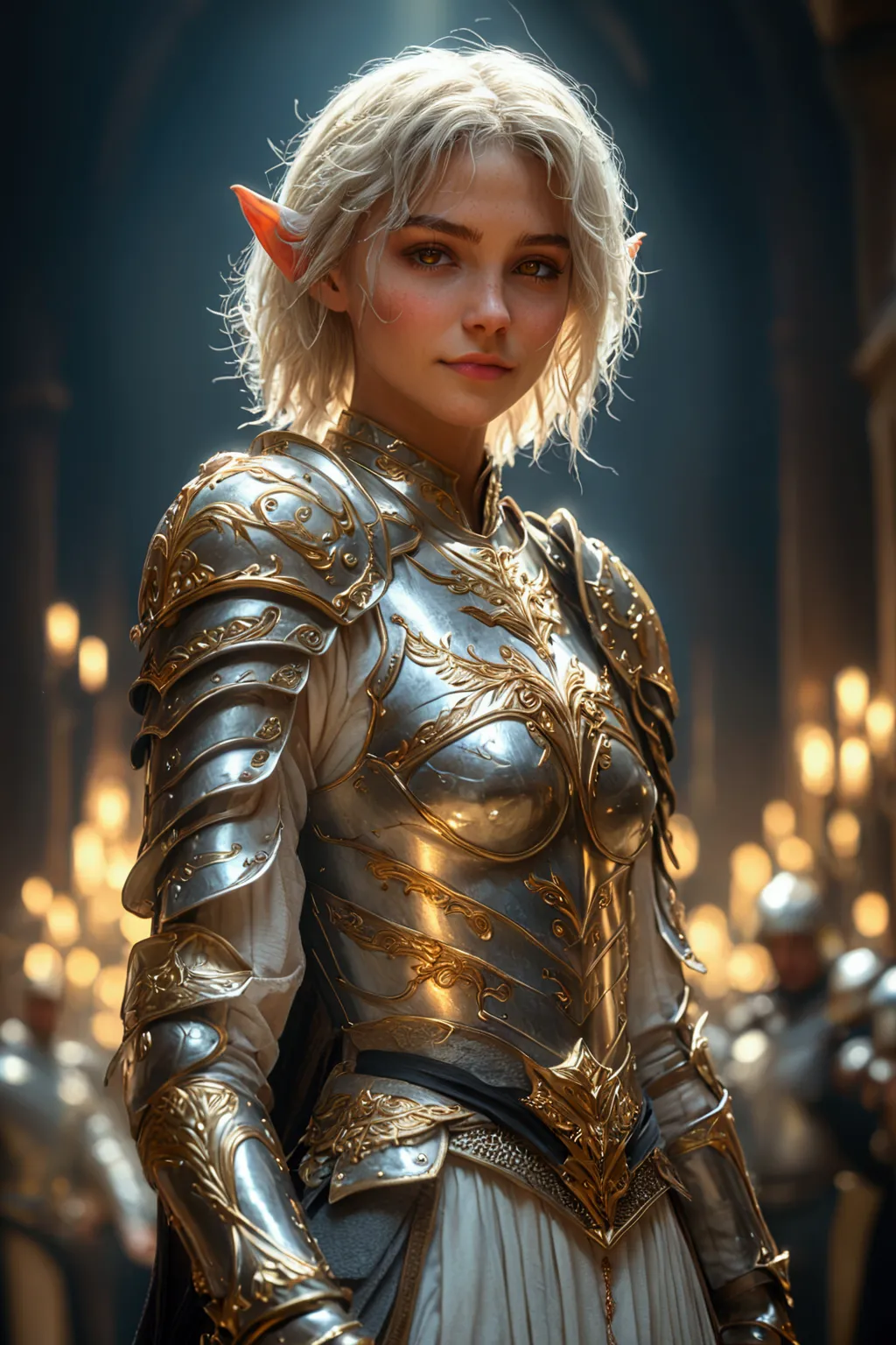 female paladin, golden eyes glowing bright, magical golden tattoos, mature face, detailed from head to toe, golden short hair, s...