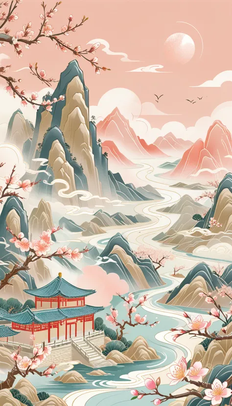 (golden ratio composition), (golden ratio), mountain, river, wood, peach blossom, spring,  null, cloud, comics, flat illustratio...