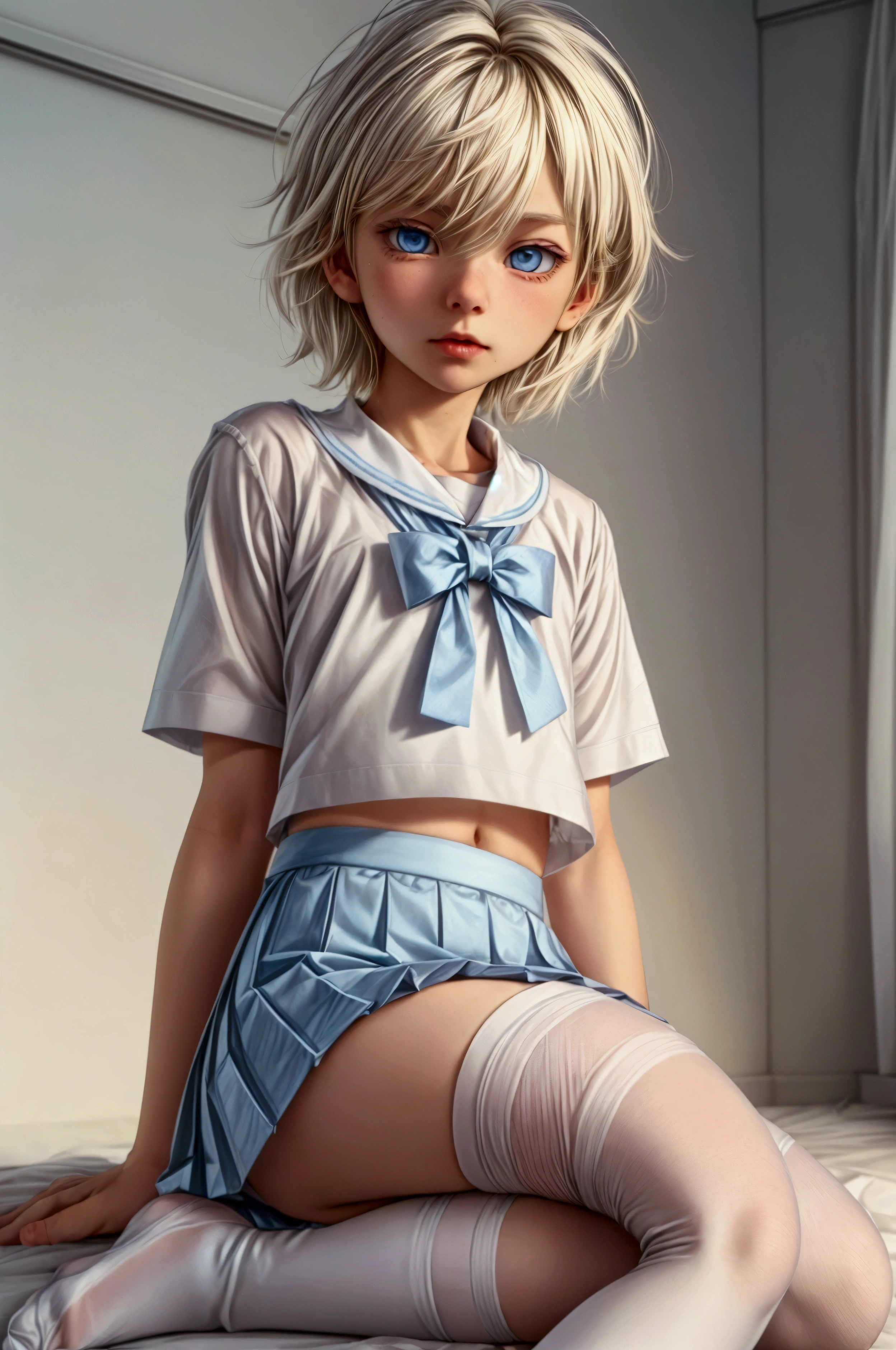 Anime style, Highres, Masterpiece, Best quality at best, Best Quality, hight quality, hight detailed, 1boy, (little boy), blonde boy, perfect boy body, cute boy, detailed light blue eyes, detailed eyes, wears white sailor suit, boy chest, pink tie, Blue sailor skirt, mini skirt, without breasts, beautiful long legs, white over knee stockings, perfect black school shoes, full body, perfect boy body, in a classroom at school, blond Hair, short hair, messy hair, pastel rainbow inner hair color mesh, Neutral Facial Features, highest quality, SFW image,