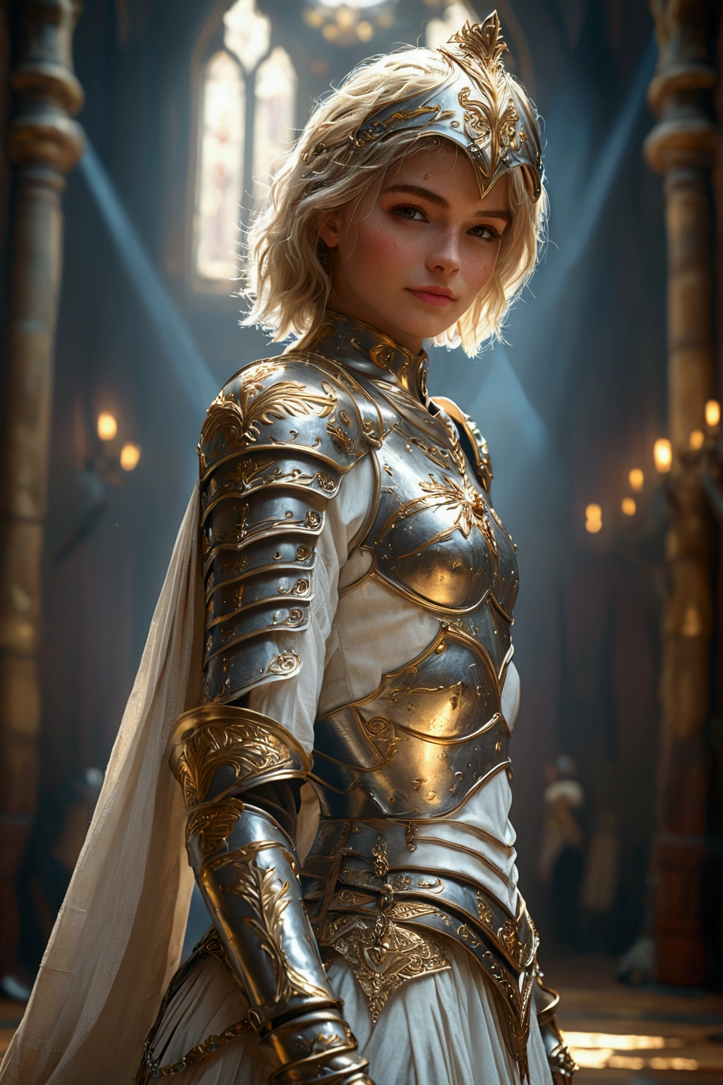 female paladin, golden eyes glowing bright, magical golden tattoos, mature face, detailed from head to toe, golden short hair, sincere smile, ornate helmet, masculinized golden full plate covering the body, tomboy armor, flat chest armor, detailed rounded boots, balleting happily, ballet's pirouette, bouncing feet, detailed wood plank dance floor, magic, magic fantasy, dramatic chiaroscuro, photorealistic, hyperdetailed, intricate textures, realistic colors, cinematic composition, full-body portrait, wide-angle view, masterpiece