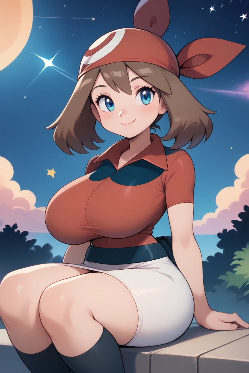 score_9, score_8_up, score_8, (gigantic saggy breast:1.2), (curvy), cute, eyelashes,       zzMay, blush, smile, bangs, skirt, shirt, holding, sitting, closed mouth, short sleeves, outdoors, sky, shoes, shorts, socks, collared shirt, eyelashes, night, white skirt, bike shorts, black socks, red shirt, star (sky), starry sky, bandana, shooting star, red bandana, smile, looking at viewer,   