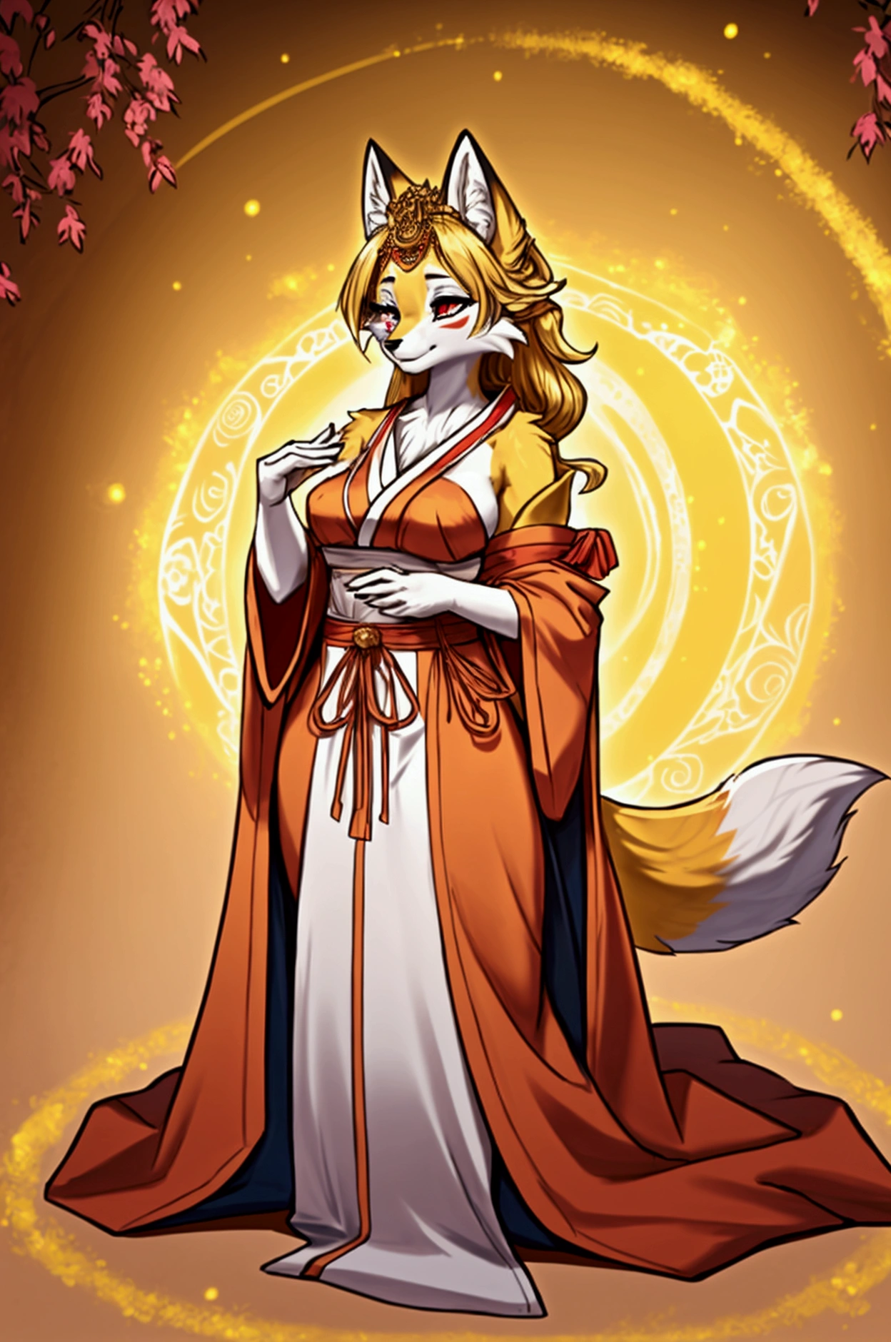 Sexy, Japanese priestess clothes, anthropomorphic fox, regal hairstyle, female, magical energy swirling around, golden yellow fur with red markings, full body, meditating, fantasy Japanese shrine background