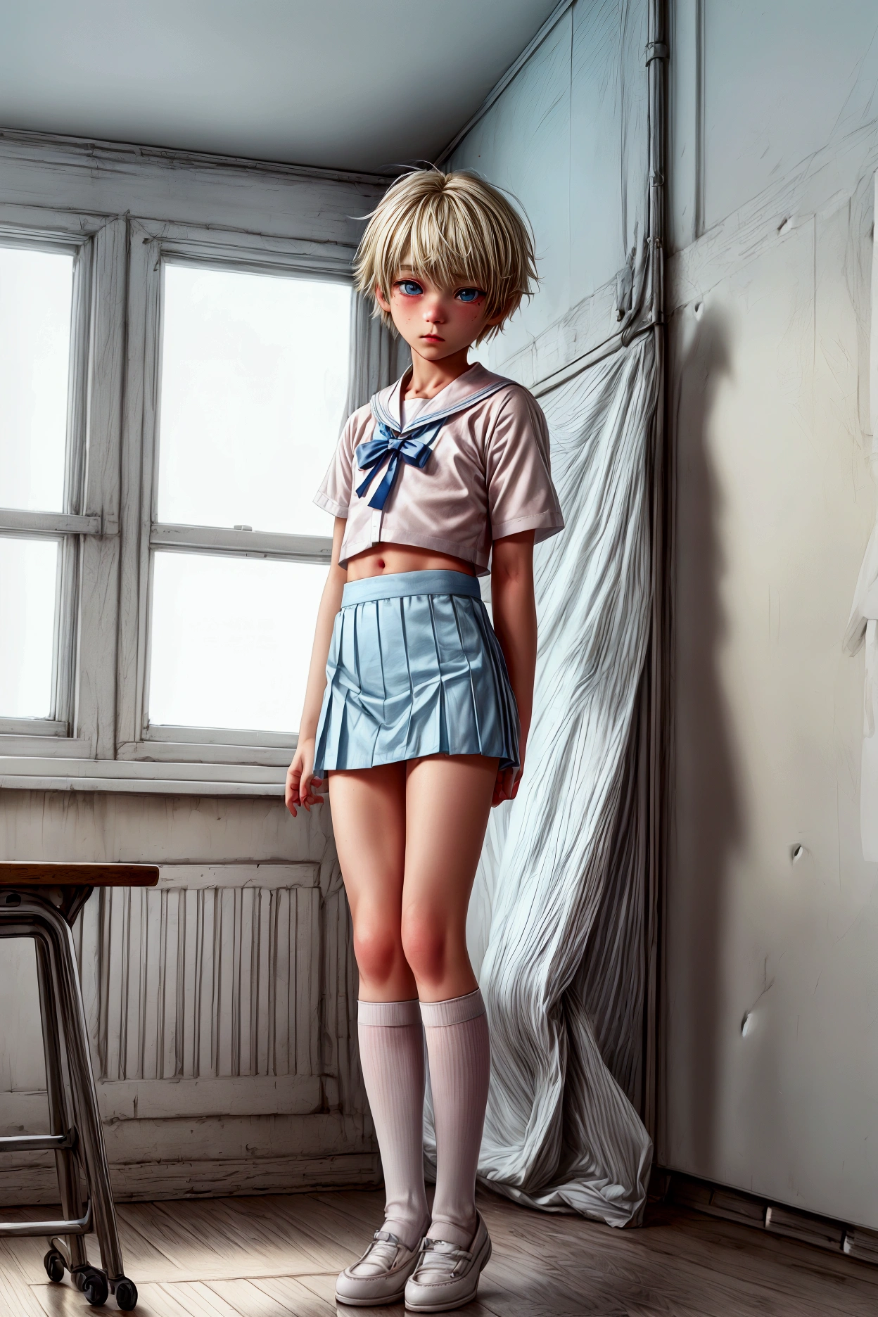 Anime style, Highres, Masterpiece, Best quality at best, Best Quality, hight quality, hight detailed, 1boy, (little boy), blonde boy, perfect boy body, cute boy, detailed light blue eyes, detailed eyes, wears white sailor suit, boy chest, pink tie, Blue sailor skirt, mini skirt, without breasts, beautiful long legs, white over knee stockings, perfect black school shoes, full body, perfect boy body, in a classroom at school, blond Hair, short hair, messy hair, pastel rainbow inner hair color mesh, Neutral Facial Features, highest quality, SFW image,