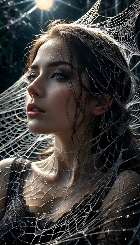 (best quality,4k,8k,highres,masterpiece:1.2),ultra-detailed,realistic:1.37,a woman entangled in the spider's web, cobweb,horrify...