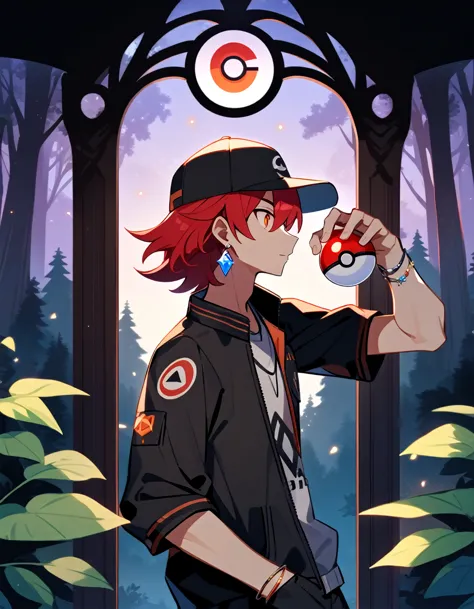 adult boy with red hair and red eyes, holds a pokeball in his hands. shorth hair, orange eyes, baseball cap with a pokeball symb...