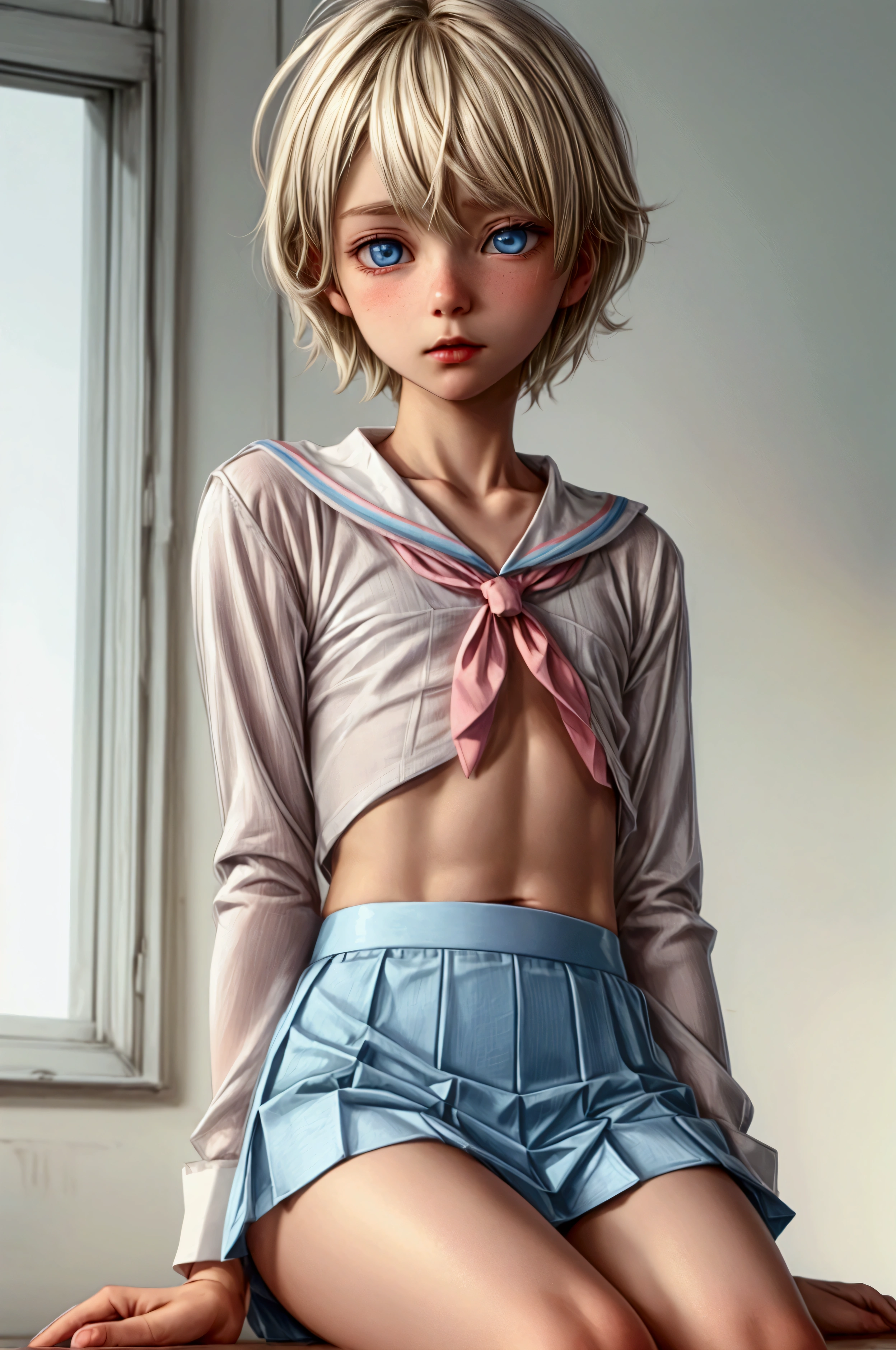 Anime style, Highres, Masterpiece, Best quality at best, Best Quality, hight quality, hight detailed, 1boy, (little boy), blonde boy, perfect boy body, cute boy, detailed light blue eyes, detailed eyes, wears white sailor suit, boy chest, pink tie, Blue sailor skirt, mini skirt, without breasts, beautiful long legs, white over knee stockings, perfect boy body, in a classroom at school, blond Hair, short hair, messy hair, pastel rainbow inner hair color mesh, Neutral Facial Features, highest quality, SFW image,