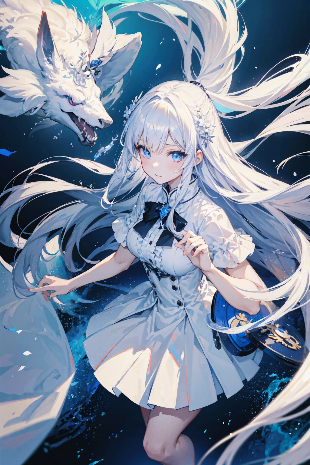 white手肘長手套），white长手套，white，white吊带过膝靴，long white hair，Blue Eyes，Short sleeves，white腰带，white腿環，Glamorous decoration，white高跟過膝靴，Beautiful background，Anime Girls，white skirt，long white hair，blue eyes, Anime Goddess, white-haired God, Highly detailed official artwork, Portrait of the Maiden Knight of the Zodiac, Cute anime waifu in nice clothes, Detailed key animation art, artstation Popular topics on pixiv, Kshat Krentz Key Art Female&#39;のclothing&#39;clothing, Epic light novel art cover, zodiac knight girl