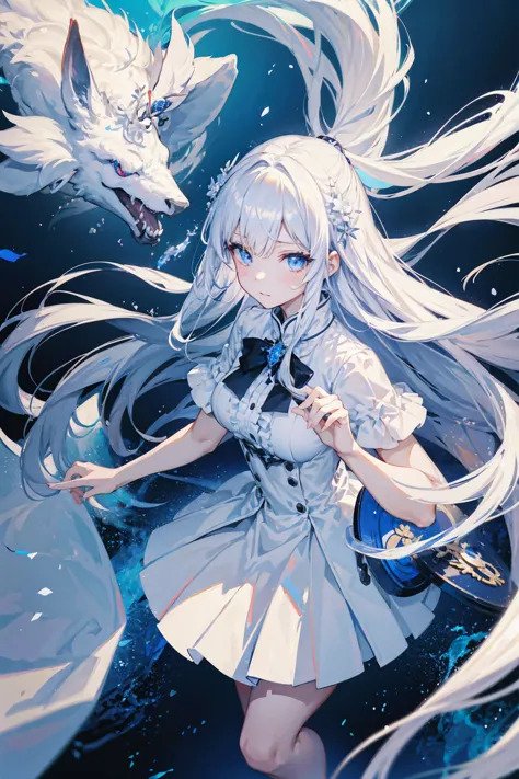 white手肘長手套），white长手套，white，white吊带过膝靴，long white hair，blue eyes，short sleeves，white腰带，white腿環，glamorous decoration，white高跟過膝靴，be...