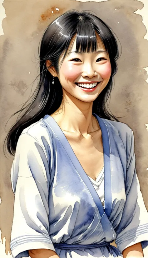 watercolor sketch of a 28 years japanese woman, happy, smile, illustration by jean-pierre gibrat ,kodew