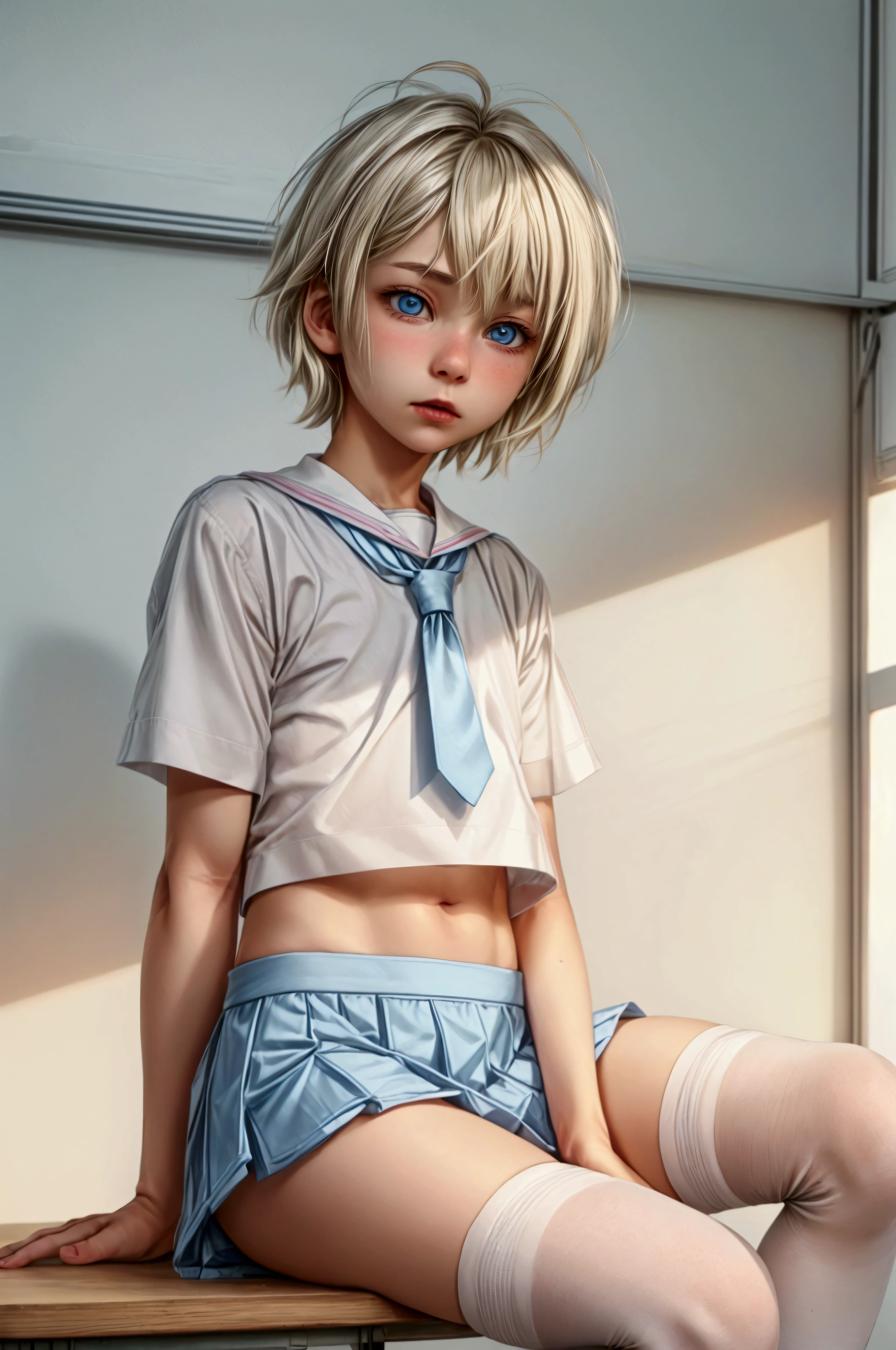 Anime style, Highres, Masterpiece, Best quality at best, Best Quality, hight quality, hight detailed, 1boy, (little boy), blonde boy, perfect boy body, cute boy, detailed light blue eyes, detailed eyes, wears white sailor suit, boy chest, pink tie, Blue sailor skirt, mini skirt, without breasts, beautiful long legs, white over knee stockings, perfect boy body, in a classroom at school, blond Hair, short hair, messy hair, pastel rainbow inner hair color mesh, Neutral Facial Features, highest quality, SFW image,