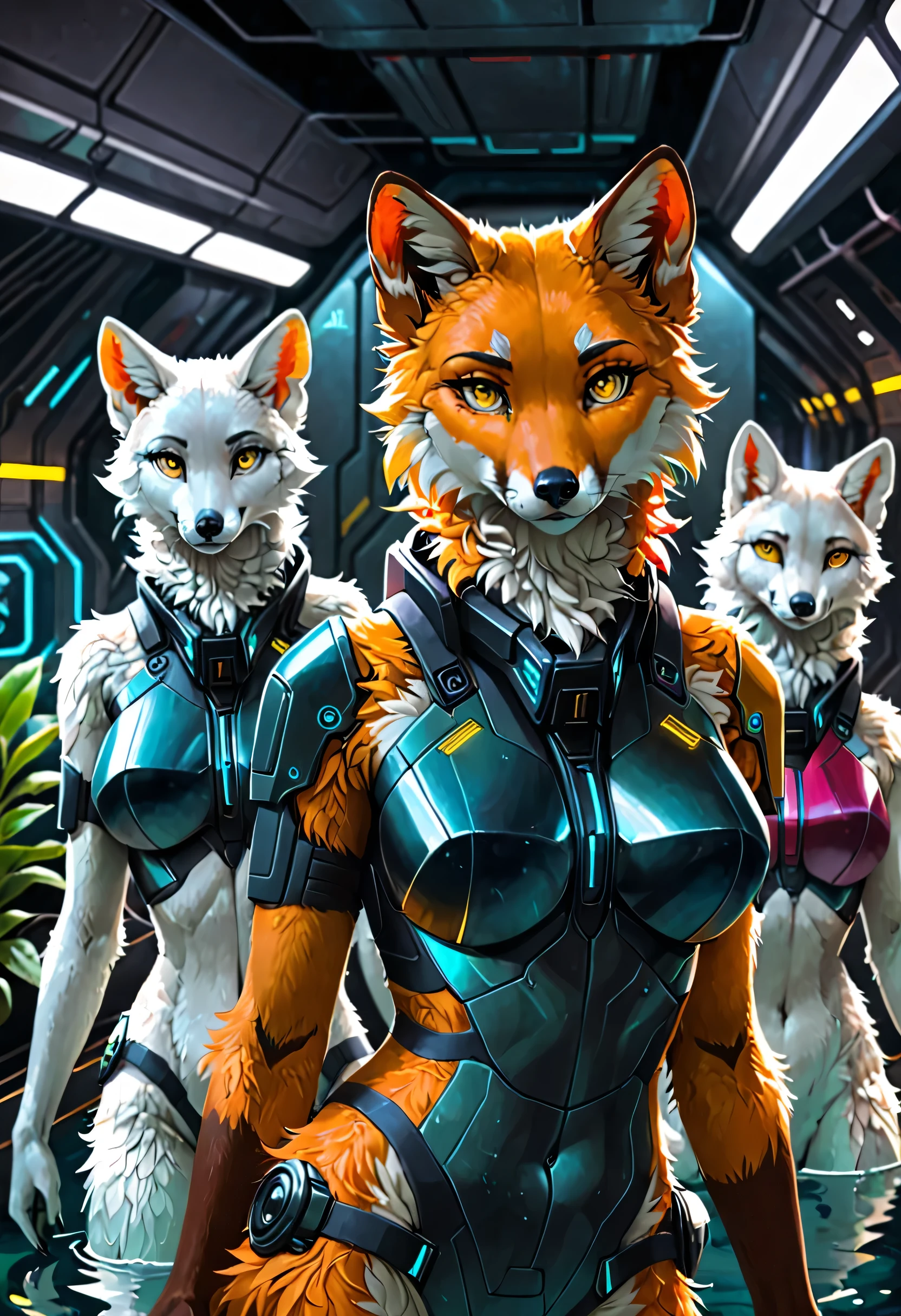 Best quality, detailed, 
mammal, female, cyberpunk armor, cyberpunk, three-quarter portrait, front view, looks at the viewer while standing, space station hall, a plant, light lumens,
[Arctic Fox:Red fox:0.5], [orange fur:White fur:0.5], multi-colored fur, [orange case:white body:0.5], colorful body, two-tone body, (bunch, chest bunch, neck bunch, facial bunch, cheek bunch, fuzz inside the ear), yellow eyes, brows, the sideburns, marking, fluffy, (partially submerged tail, submerged tail, multi-colored tail, fluffy tail), black nose, claws, black claws, finger claws