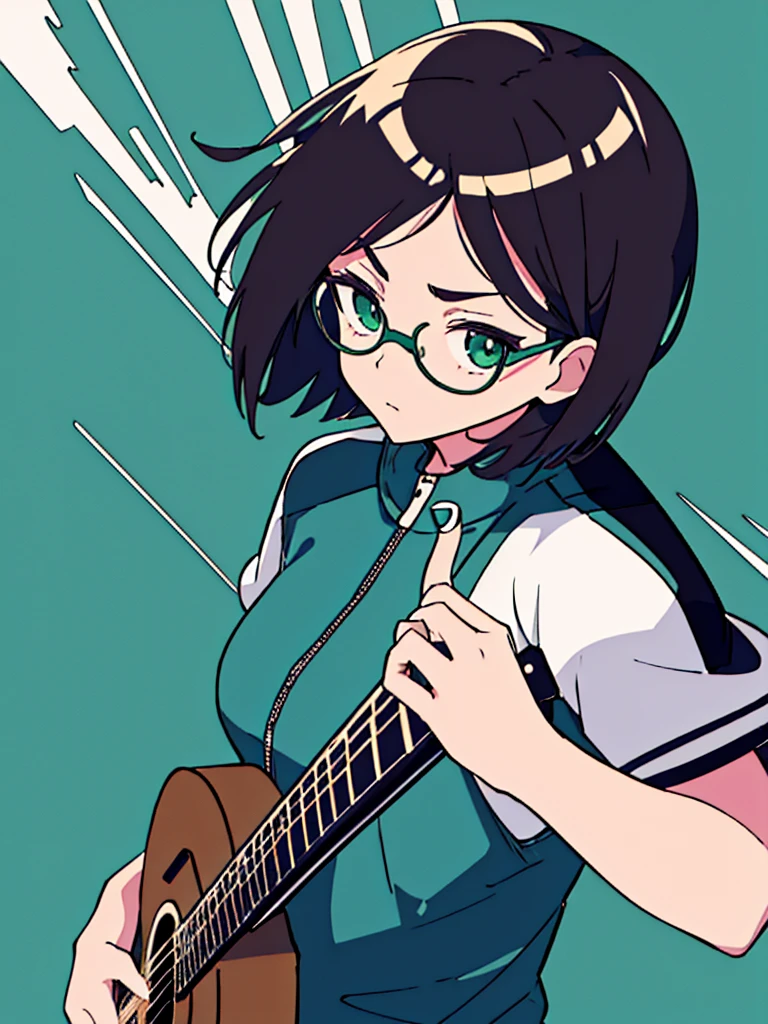 masterpiece, best quality, One girl, natural, monochrome, upper body, jitome, wearing round glasses, Track Jacket, bob hair, high angle, Dynamic feeling, action, transparency, Anime, blue green background, cool, acousticguitar,