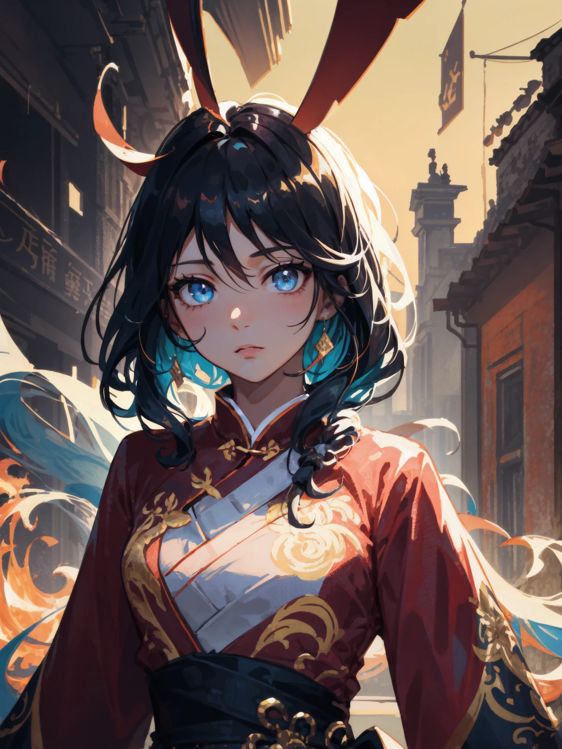 1 girl, woman, ink, Chinese armor, ((2.5D)), long hair, floating hair, delicate eyes, black and red antique damask Hanfu, intricate patterns, elegant pose, cinematic lighting, dramatic shadows, muted color palette, highly detailed, masterpiece, vibrant colors, cinematic composition, digital painting, fantasy art, artstation, concept art, highly detailed, sharp focus, hyper realistic, fov, (f1.8), (masterpiece), (portrait shot), front shot, white background, (movie poster)