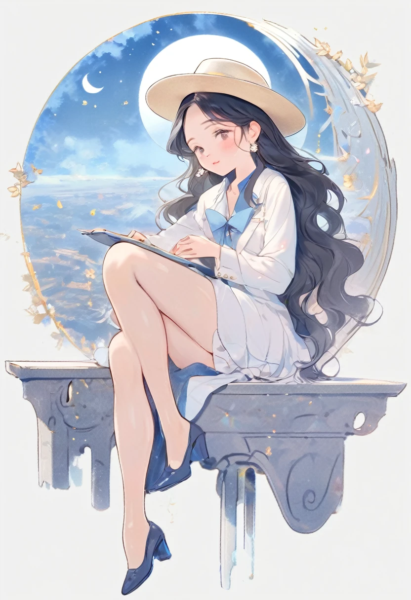 Full body photo sticker of a beautiful woman sitting on a bench and working、Black tights、gigantic moon in the background sky, glowing moon , dreamy moon, extremely detailed beautiful face, extremely detailed fingers, 、kim jung gi、liberta、souls、(​masterpiece、 top-quality、top-quality、Official art、Beautifully Aesthetic:1.2)、(1girl in:1.3)、ighly detailed、highestdetailed、(Simple background:1.5)、(Business suits:1.2)、(shinny skin)、​masterpiece、top-quality、hightquality、hight resolution、16 K、raw、超A high resolution、The ultra-detailliert、detaile、extremely delicate and beautiful、A highly detailed、Superb Painting、Art styles、Stylization、