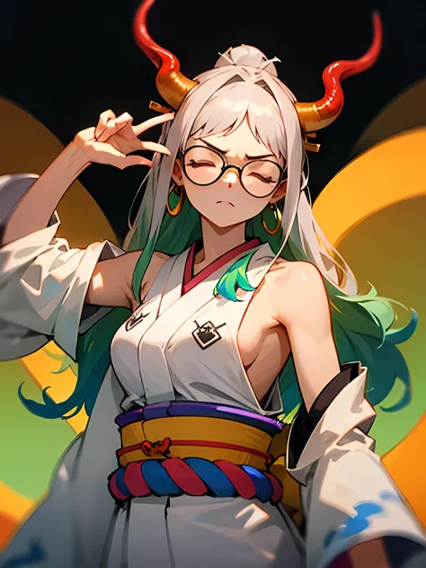 solo,upperbody,glasses,yamatrope, shimenawa, gray hair, earrings, kimono, underarm, no sleeve, multicolored hair, close your eye...