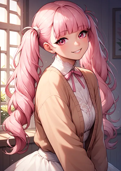 1girl, pink eyes, long pink hair in pigtails, korean, blunt bangs, smile, white lace dress, brown cardigan