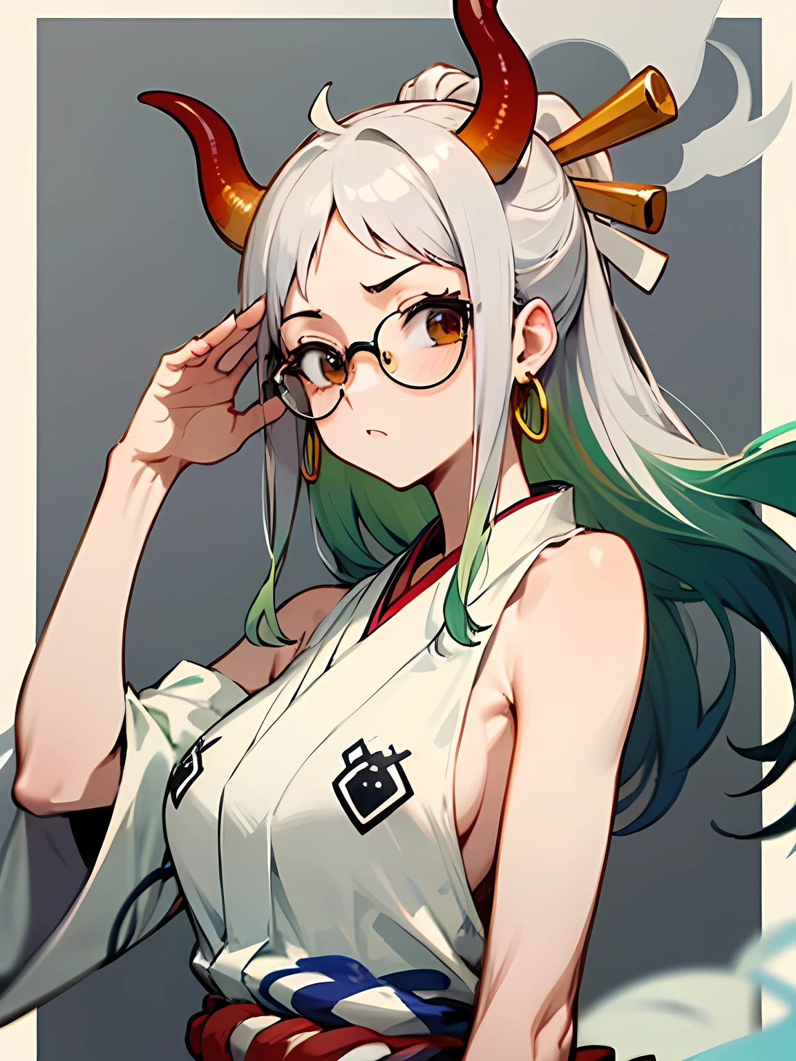 solo,upperbody,glasses,Yamatrope, shimenawa, Gray Hair, Earrings, kimono, Underarm, No sleeve, Multicolored Hair, Bare shoulders, alone, horn, Raise the hand, Side bust, Green Hair, No sleeve kimono, Long Hair, jewelry, 涙、嬉し泣き