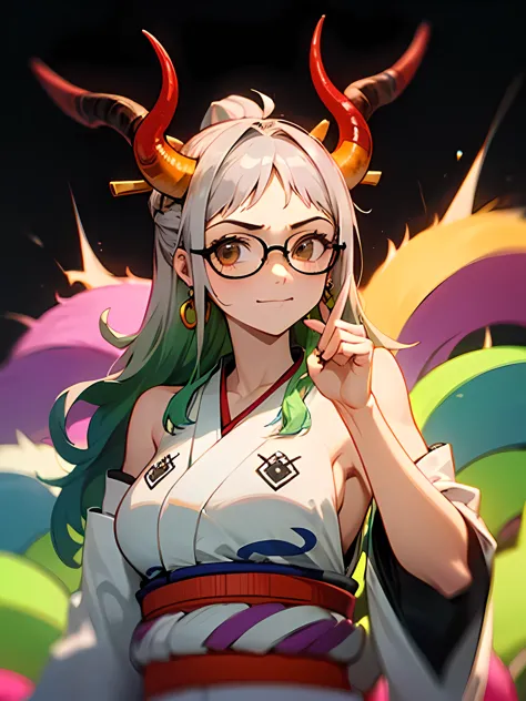 solo,(looking at viewer:1.2),upperbody,glasses,big teears,happy sad,yamatrope, shimenawa, gray hair, earrings, kimono, underarm,...