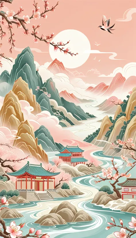 (golden ratio composition), (golden ratio), mountain, river, wood, peach blossom, spring,  null, cloud, comics, flat illustratio...