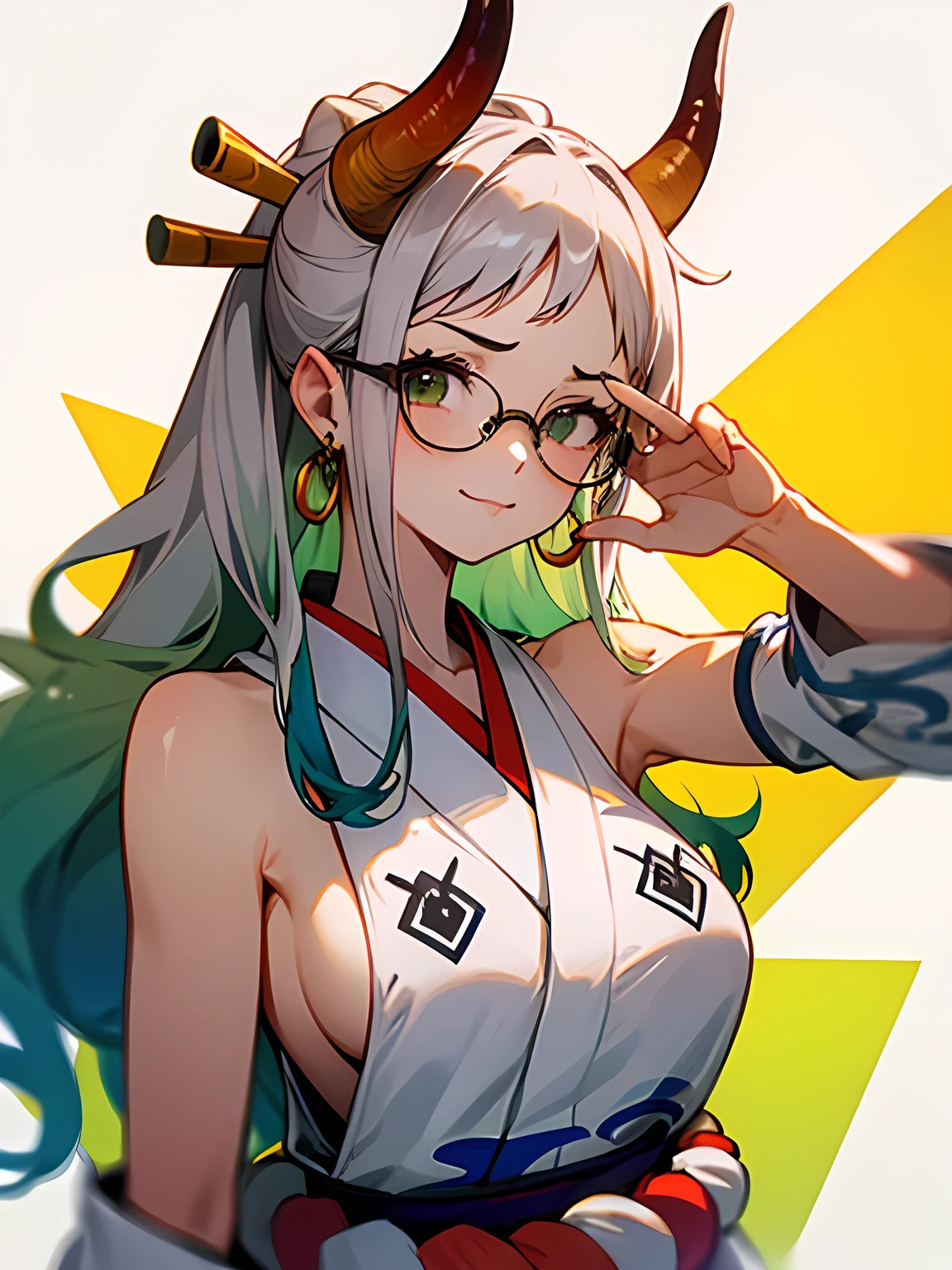 solo,(looking at viewer:1.2),upperbody,glasses,big teears,happy sad,Yamatrope, shimenawa, Gray Hair, Earrings, kimono, Underarm, No sleeve, Multicolored Hair, Bare shoulders, alone, horn, Raise the hand, Side bust, Green Hair, No sleeve kimono, Long Hair, jewelry, 