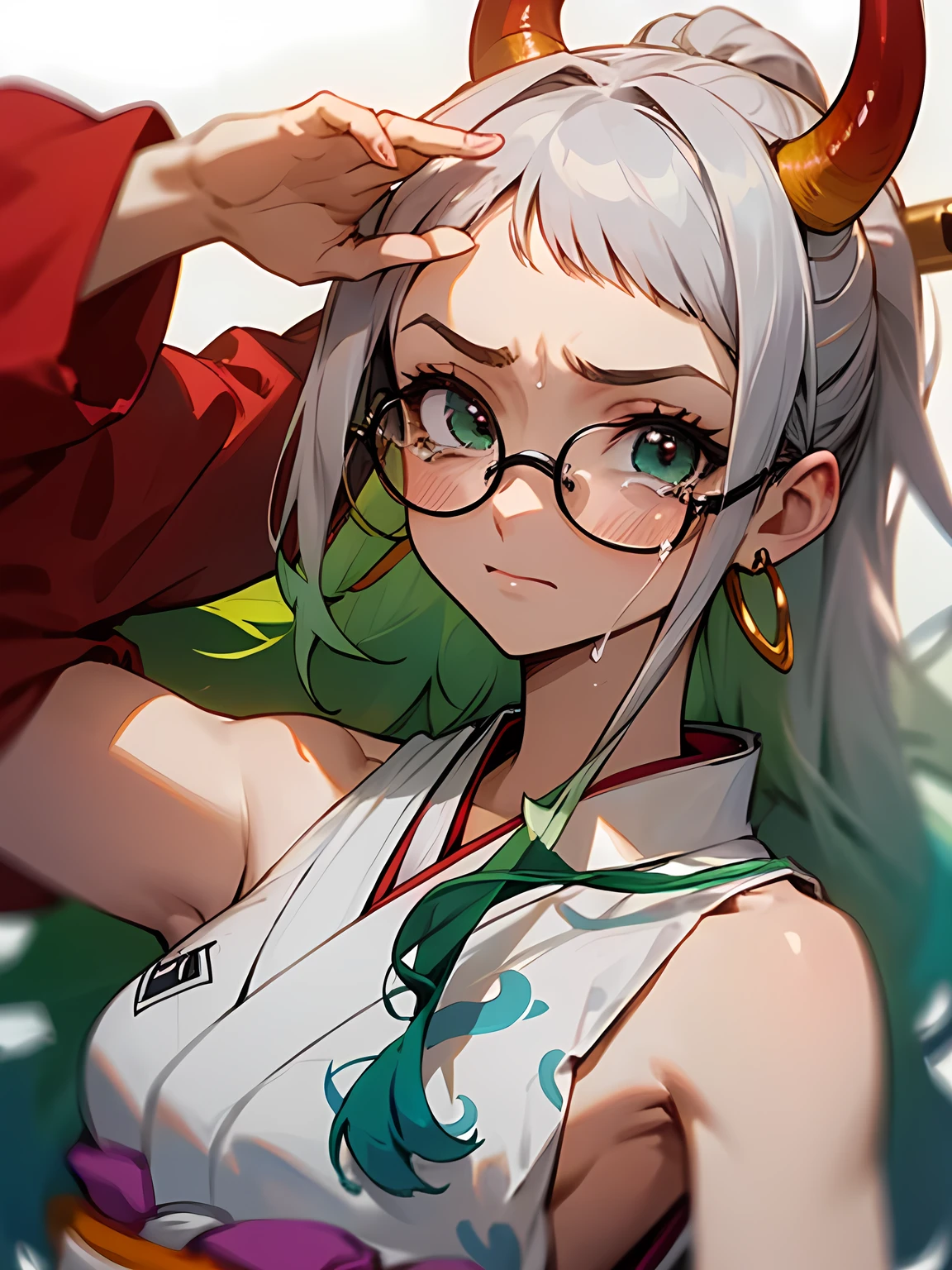 solo,(looking at viewer:1.2),close upface:1.2,glasses,(tears),Yamatrope, shimenawa, Gray Hair, Earrings, kimono, Underarm, No sleeve, Multicolored Hair, Bare shoulders, alone, horn, Raise the hand, Side bust, Green Hair, No sleeve kimono, Long Hair, jewelry, 