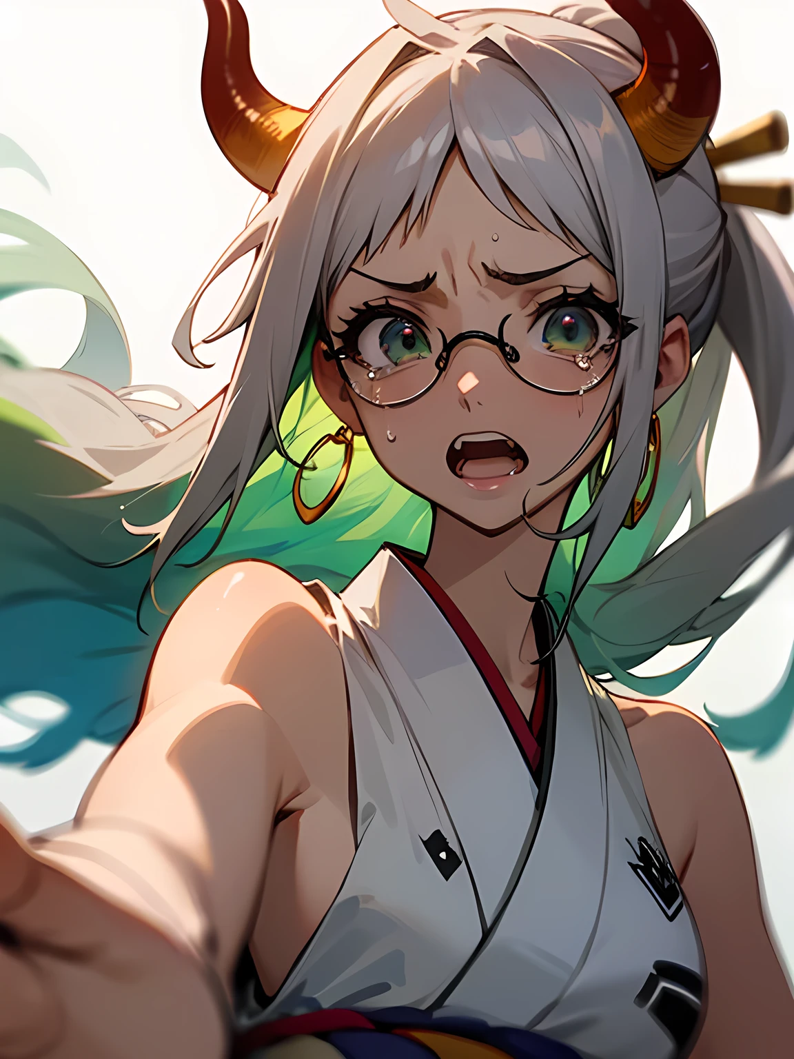 solo,(looking at viewer:1.2),close upface:1.2,glasses,(tears),open mouth crying,Yamatrope, shimenawa, Gray Hair, Earrings, kimono, Underarm, No sleeve, Multicolored Hair, Bare shoulders, alone, horn, Raise the hand, Side bust, Green Hair, No sleeve kimono, Long Hair, jewelry, 