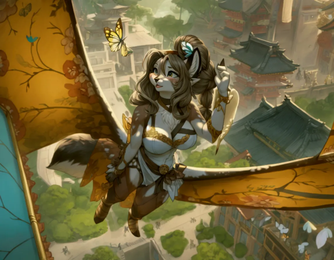 sexy, warrior, anthropomorphic fox, wild hairstyle, female, flying on a giant butterfly, full body, fantasy japanese city