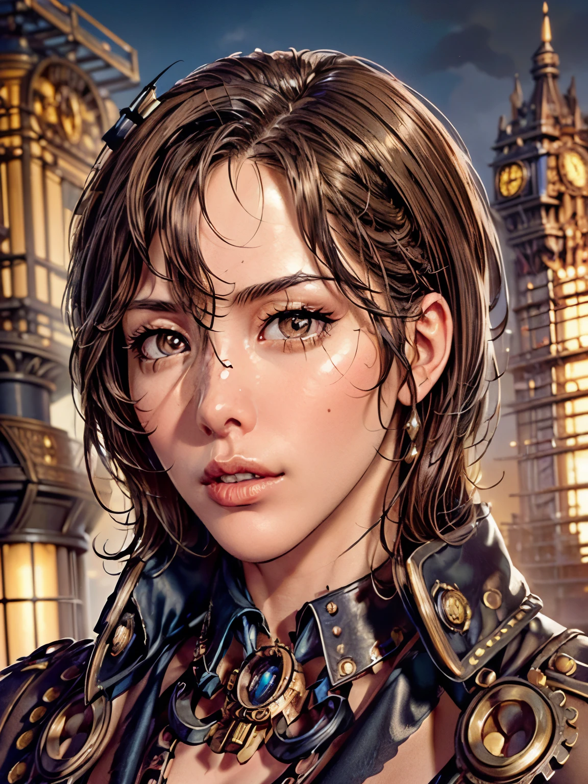 A  Colombian girl, Half Body Shot, (Front facing the camera), Detailed European Faces, (Ambitious expression), (((Steampunk Style Close))), ((Steampunk city in the background)), born, Analog Style, Super detailed photos, Cinematic Lighting, artstation, 4K, Sharp focus, High resolution, Detailed skin, Detailed eyes,