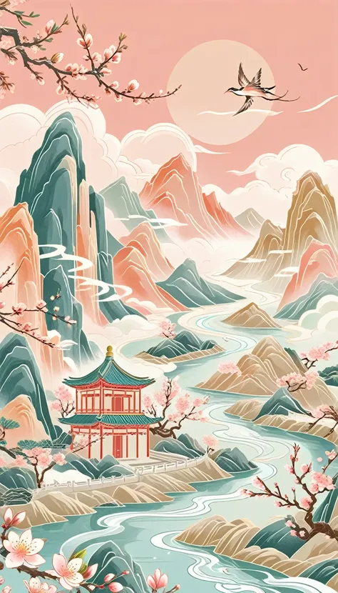 (golden ratio composition), (golden ratio), mountain, river, wood, peach blossom, spring, null, cloud, comics, flat illustration...