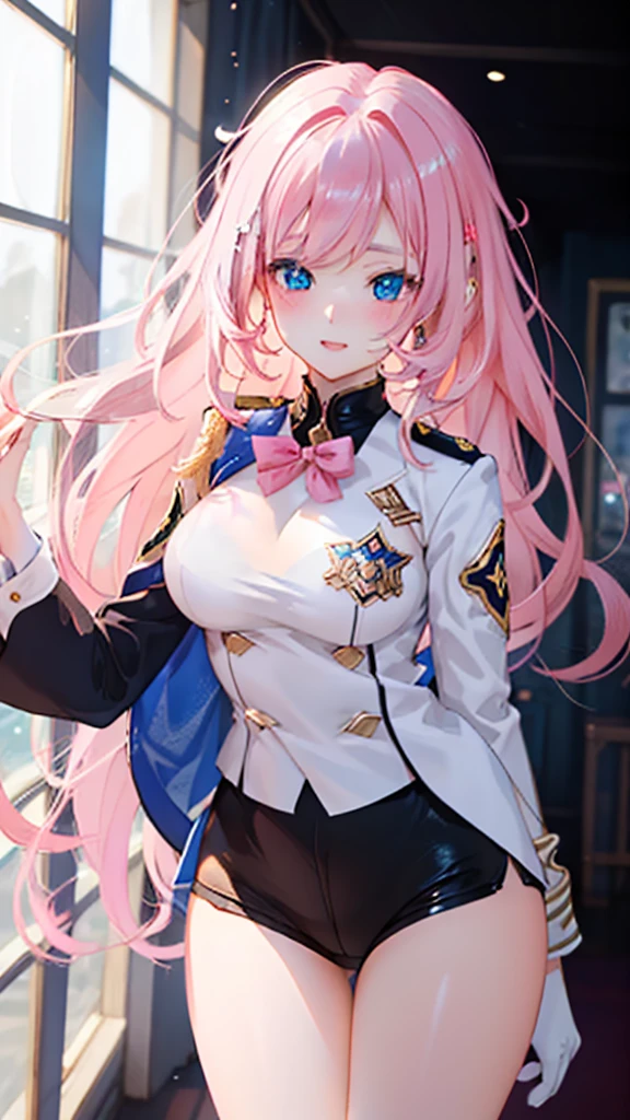 Masterpiece, ultra-high definition, ultra-high quality, 8K quality, beautiful CG artwork, a woman, a goddess-like divine posture, slim and perfect body line, soft atmosphere, transparent skin, pink hair, shining blue eyes, shining on eyes, flowing hair aesthetic appearance, white and juicy skin, oversized breasts, JK uniform, perspective part 1. Silhouette effect is doubled, delicate transparent blue pattern on the uniform, details are intricate and exquisite, background is a bit blurred, attractive and seductive legs temptation, blush,