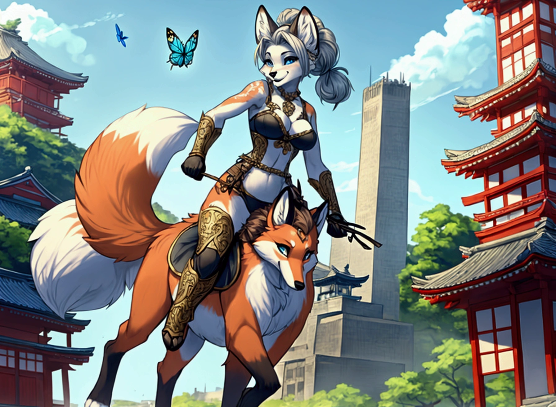 Sexy, warrior, anthropomorphic fox, wild hairstyle, female, riding a butterfly, full body, fantasy Japanese city