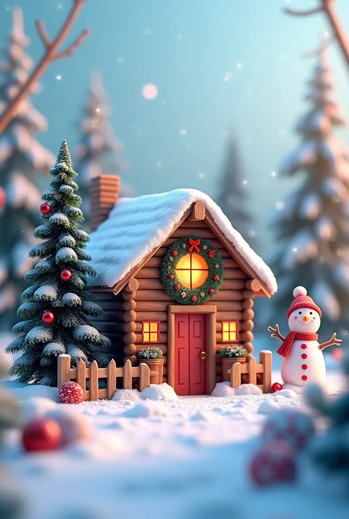 Log house, snowy roof, christmas tree, snowman, snow, sparkles, letters "SUE ANNE" in photo realistic 3d image