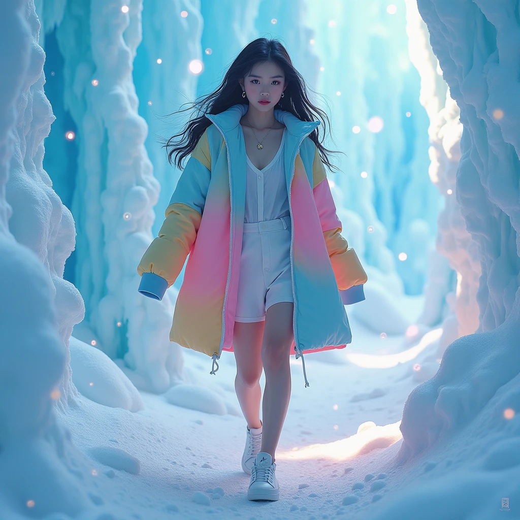 a cute and beautiful girl, fashionably dressed in a bright Colorful Gradient jacket, magical ice sculpture world, snowy landscape filled with snowflakes. a sweet and ideal character, Japanese cartoons, korean girl, full of anticipation and courage for adventure.
﻿
Beautiful cinematic lighting, surreal, color graded, dynamic movement, captivating chiaroscuro, full body, award-winning, cinematic still, emotional, vignette, dynamic, vivid, (masterpiece, best quality, photorealistic, Professional, perfect composition, very aesthetic, absurdres, ultra-detailed, intricate details:1.3)