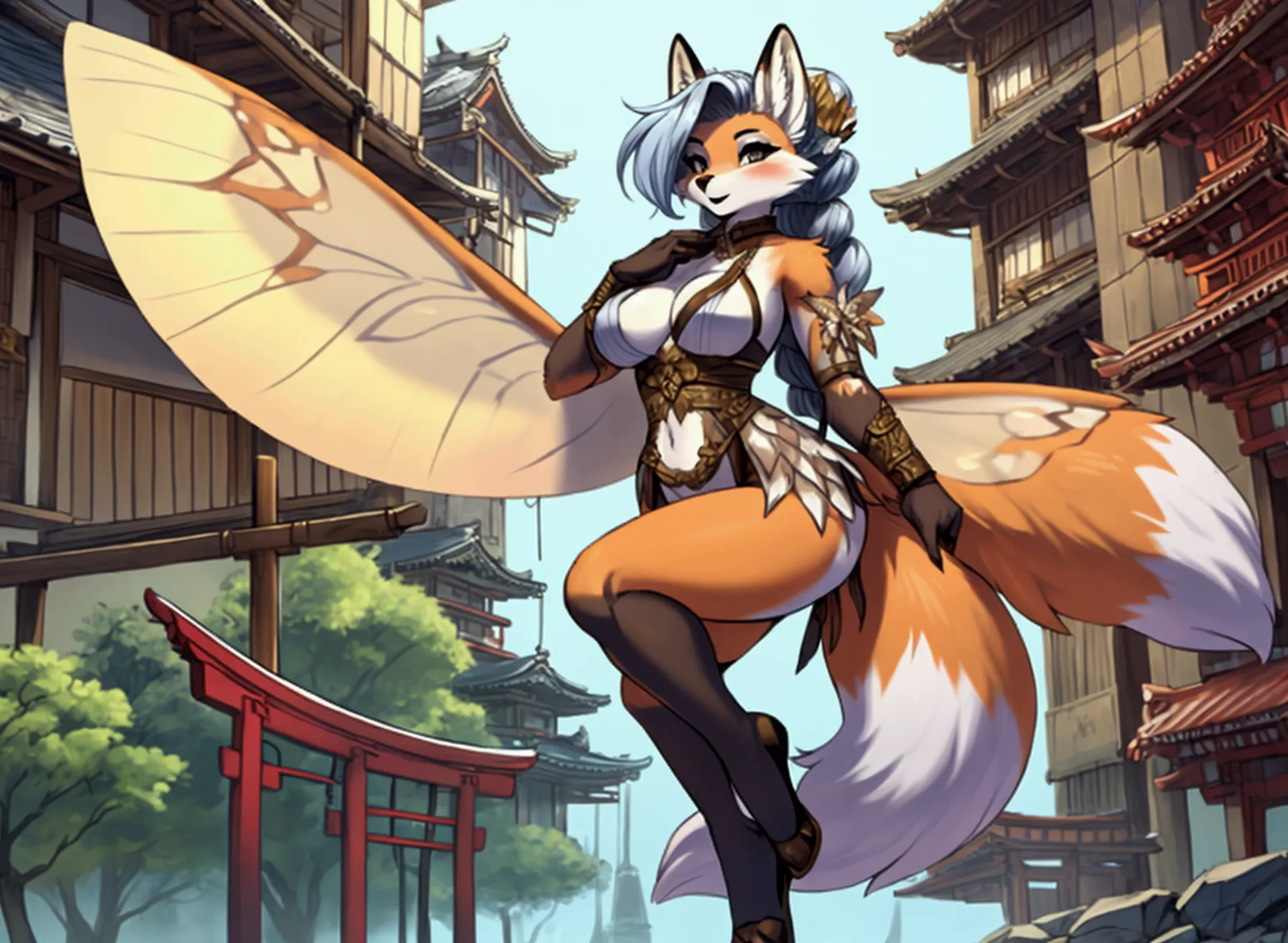 sexy, warrior, anthropomorphic fox, wild hairstyle, female, large moth wings, full body, fantasy japanese city