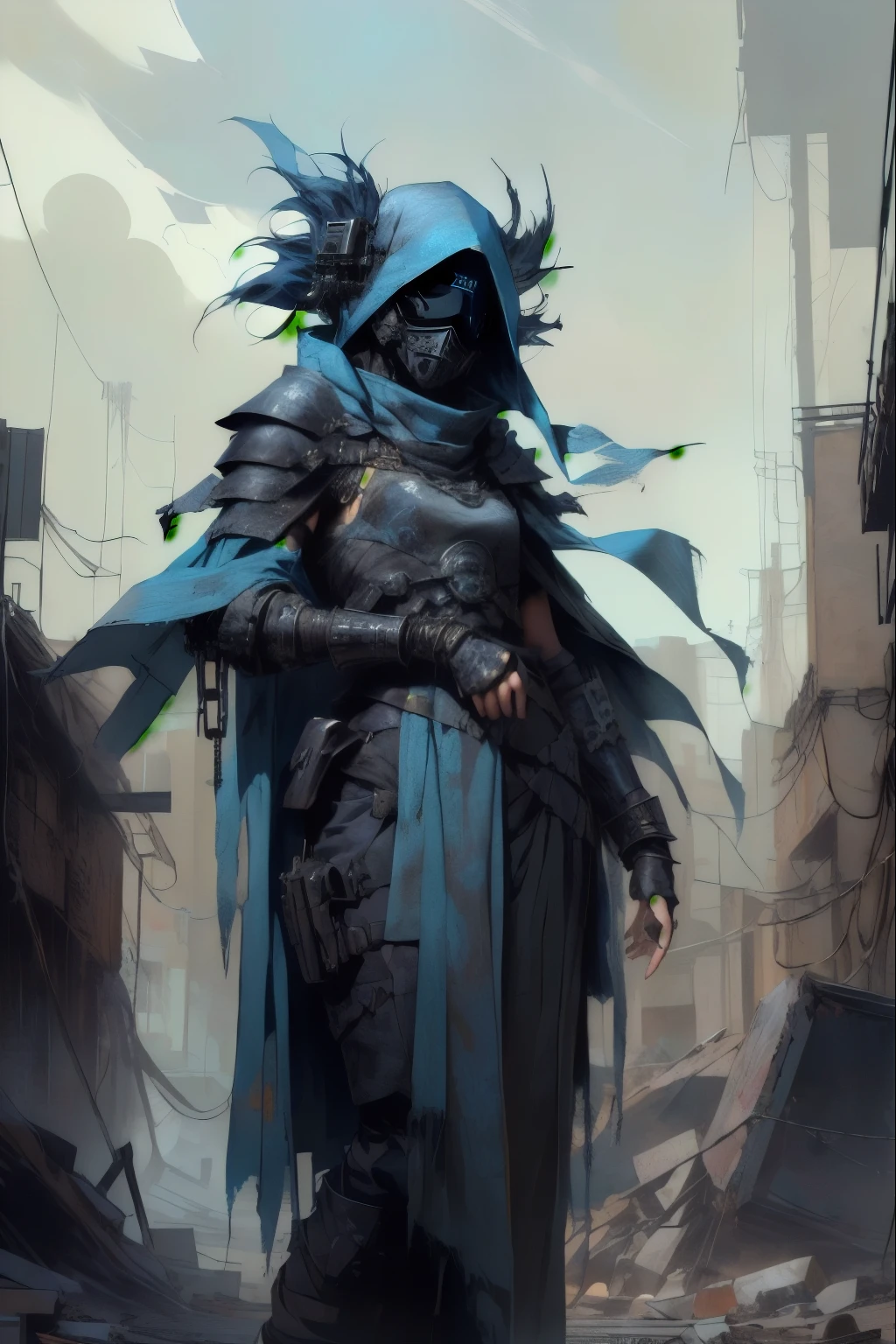 a feminine person in a dim apocalyptic city, standing to the left, wearing tattered blue robes, has a black mask with a chain veil attached to it that completely conceals face, wears a cowl, has torn and tattered robes underneath scrappy leather armor, tattered shoulder cape similar to a simar, arms held crossed over their chest, leather wrap bracers around forearms. flat shading, drawing outlines, apocalyptic