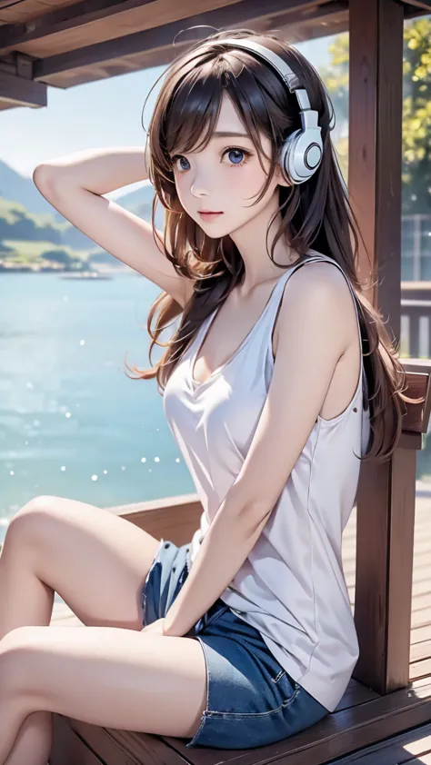 girl、beautiful, sitting and listening to music、wearing headphones、sexy , nature outdoor, lakeview, tanktop