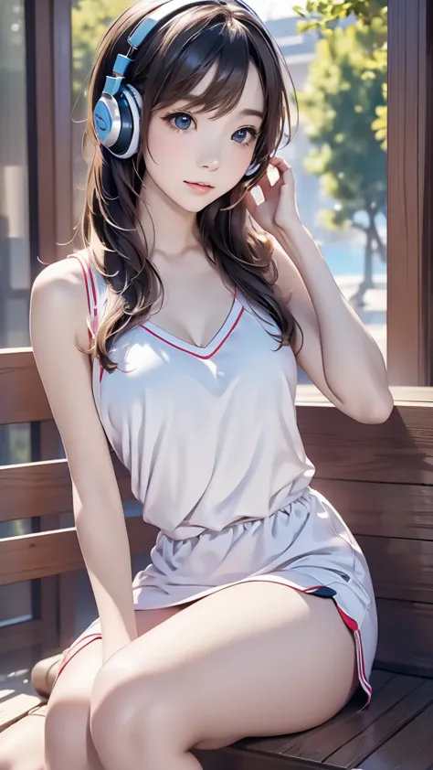 girl、beautiful, sitting and listening to music、wearing headphones、sexy , nature outdoor, lakeview, tanktop, ultra hd