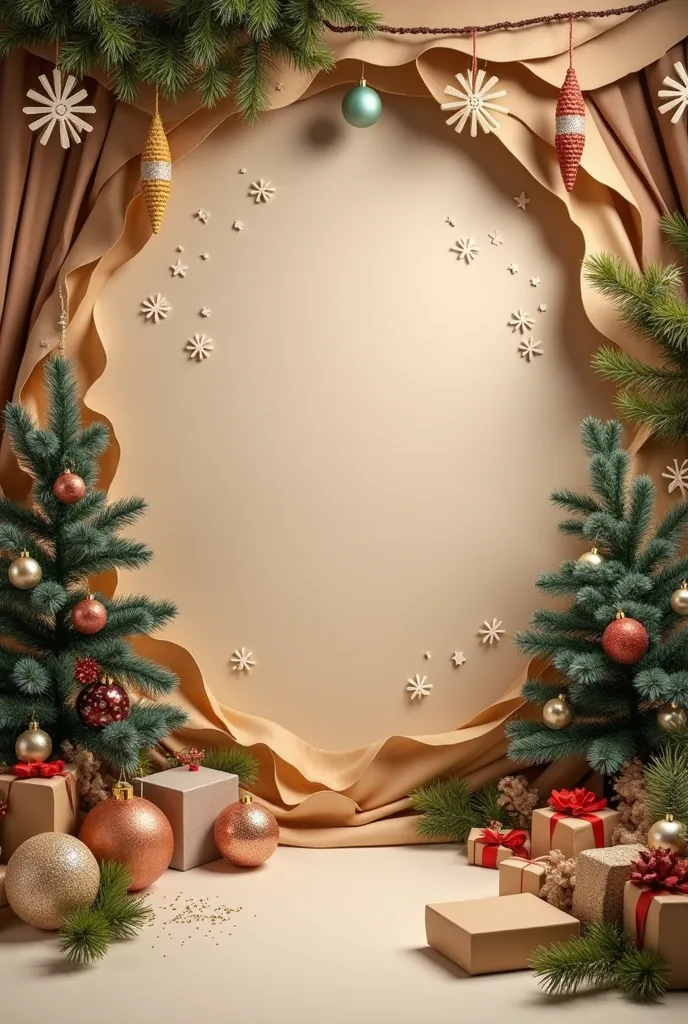 Christmas set for photo studio made with cardboard, papel craft, cardboard and Christmas decorations. It must be inexpensive decoration, but Elegant must be seen front, a beautiful and captivating set. No flashes or cables should be visible. 
