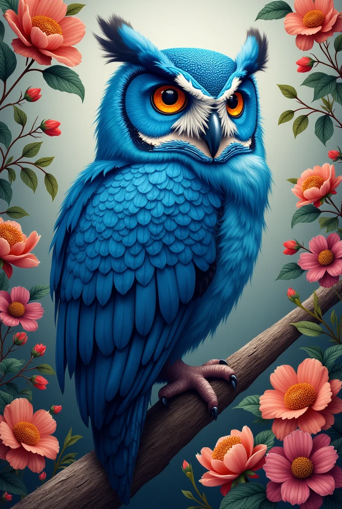 painting of a blue owl sitting on a branch surrounded by flowers, full of colors and rich detail, radiant owl, detailed painting 4 k, 4k highly detailed digital art, 4 k highly detailed art, highly detailed digital artwork, 8k high quality detailed art, beeple and jeremiah ketner, 4k detailed digital art, highly detailed 32 k art