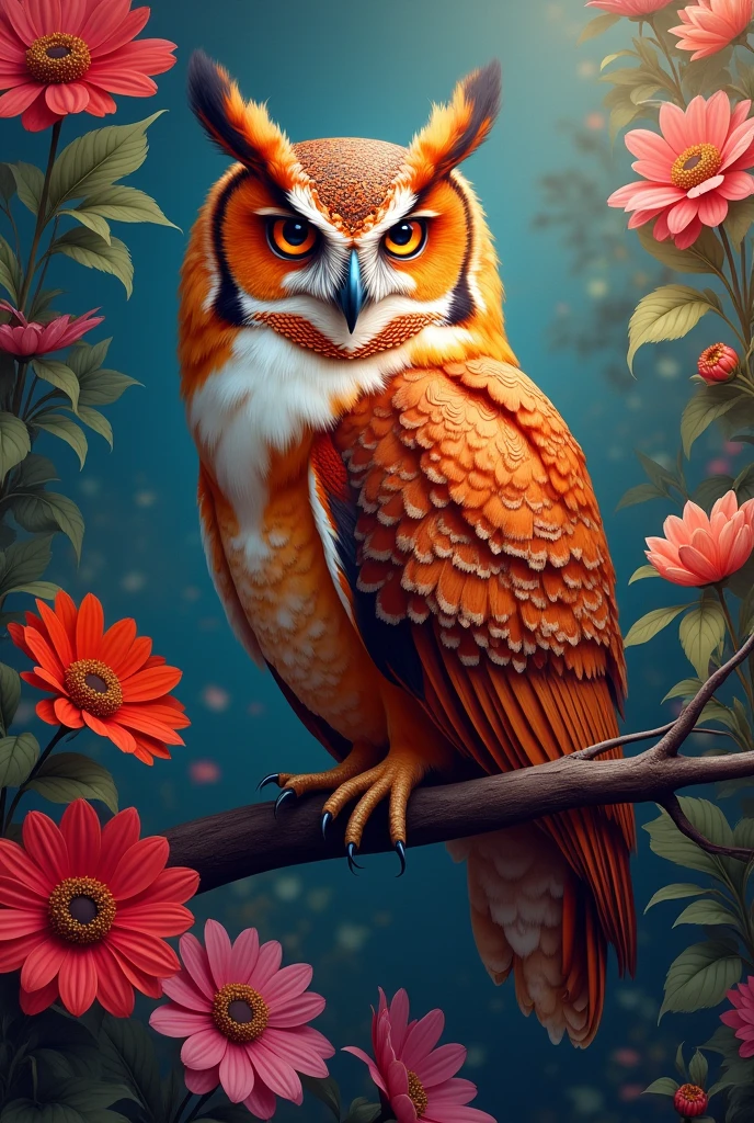 painting of a bronze and reddish owl sitting on a branch surrounded by flowers, full of colors and rich detail, radiant owl, detailed painting 4 k, 4k highly detailed digital art, 4 k highly detailed art, highly detailed digital artwork, 8k high quality detailed art, beeple and jeremiah ketner, 4k detailed digital art, highly detailed 32 k art