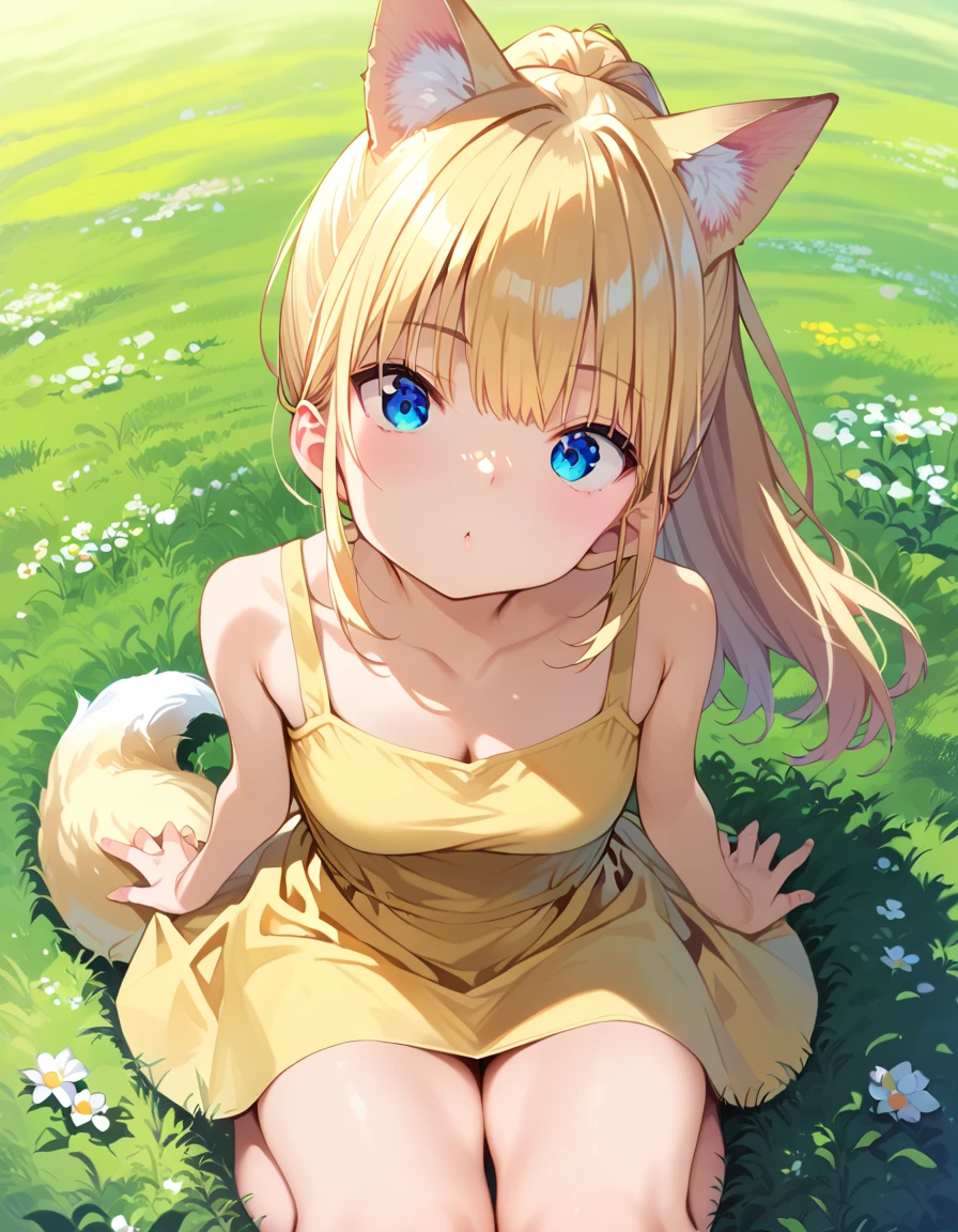 score_9, score_8_up, score_7_up, source_anime, masterpiece, absurdres, perfect face, solo cute expression, perfect face, PonsukeP, 1girl, solo, blonde hair, animal ears, blue eyes, looking at viewer, bangs, long hair, wolf ears, wolf tail, wide thighs, wide hips, (big breasts:0.3), best quality, ultra high res, ponytail, wearing a yellow sundress, breeze blowing through the grass, beautiful, extremely detailed face, perfect lighting,  ultra high res, ultra detailed, nancy1, 