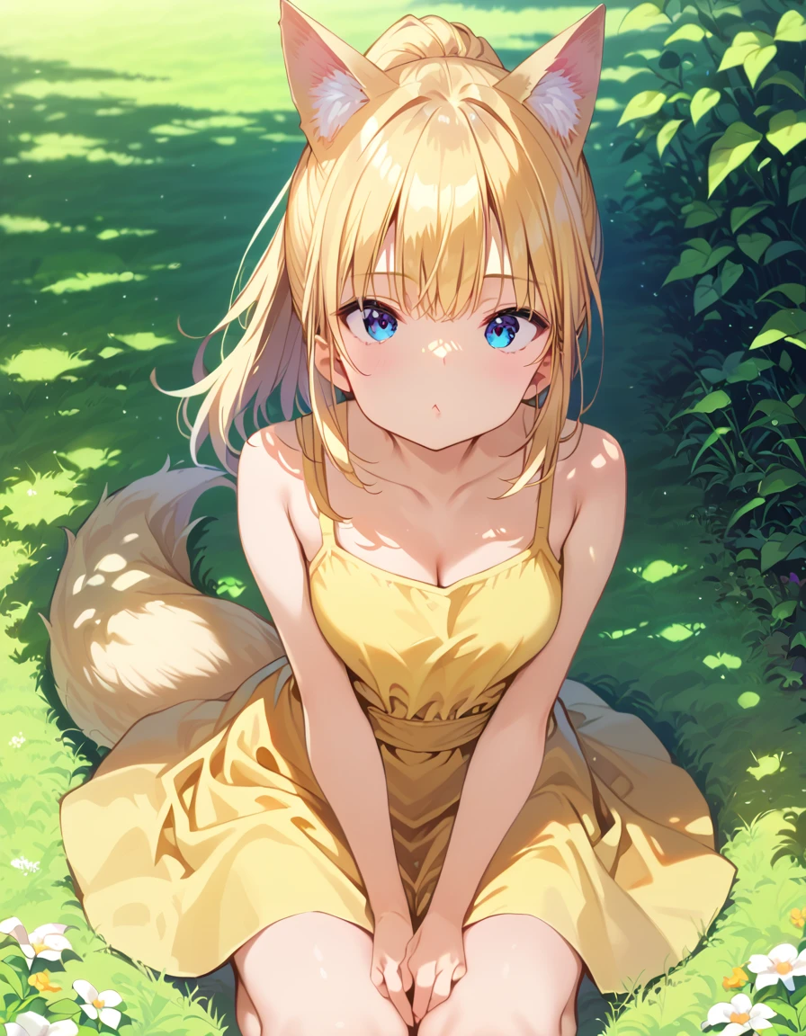 score_9, score_8_up, score_7_up, source_anime, masterpiece, absurdres, perfect face, solo cute expression, perfect face, PonsukeP, 1girl, solo, blonde hair, animal ears, blue eyes, looking at viewer, bangs, long hair, wolf ears, wolf tail, wide thighs, wide hips, (big breasts:0.3), best quality, ultra high res, ponytail, wearing a yellow sundress, breeze blowing through the grass, beautiful, extremely detailed face, perfect lighting,  ultra high res, ultra detailed, nancy1, 