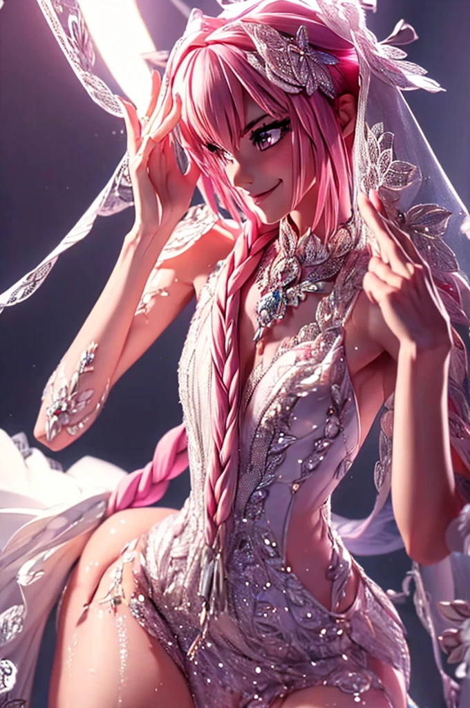 ((masterpiece)), ((best quality)), (detailed), astolfo, Beautiful, Beautifu and slim perfect body, slim body, really female, slim female body, female, flat chest, Pectorals, not breasts, very innocent smile, innocent smile, femboy, boy, bright pink hair, spiky hair, short hair, a long braid, lock of white hair on left side, perfect, solo, gorgeous femenine person, wedding dress, mini dress, bridal veil on the head, small bulge, luscious lips, long hair, flat chest, Pectorals, not breasts, sexy,