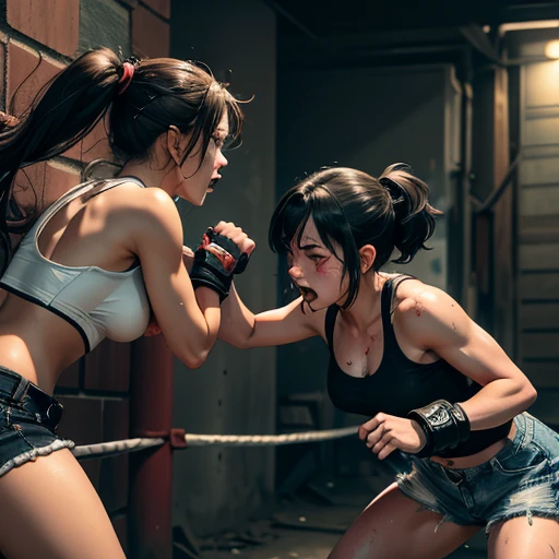 She is slammed into the wall. The opponent's fist touches her belly hard. two (bloody) beautiful Japanese high school student girl streetfighters are fighting in the back alley. they are covered in (blood) and (bruises) , (Intense violence). A fierce exchange of (dynamic punches) with bare-knuckle boxing. they are striking each other so hard. extreme (survival battle). they are glaring at each other. her face is distorted and bloodied by opponent's attack. they are (beating) each other so hard. tthey are damaged terribry. Short-cut black hair, out of breath, drooling from mouth, one eye is closed, exhausted, drenched in sweat. Erect nipples. open finger glove. tank-top, denim-shorts Stockings. armwcovers. Whittled waistline, muscular, sixpack abs