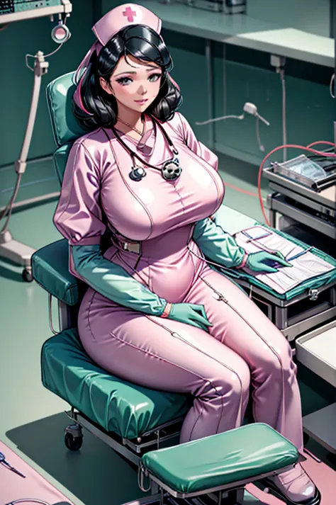 nurse uniform,hospital, latex nurse suit,nurses,busty,elbow gloves,labcoat,black hair woman,pink eyes , gigantic ,medical instru...