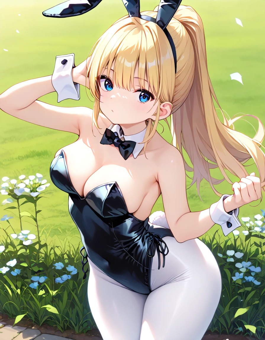 score_9, score_8_up, score_7_up, source_anime, masterpiece, absurdres, perfect face, solo cute expression, perfect face, PonsukeP, 1girl, solo, blonde hair, animal ears, blue eyes, looking at viewer, bangs, long hair, wolf ears, wide thighs, wide hips, (big breasts:0.8), best quality, ultra high res, ponytail, breeze blowing through the grass, beautiful, extremely detailed face, perfect lighting,  ultra high res, ultra detailed, nancy1, bare shoulders, white pantyhose, bowtie, rabbit ears, black leotard:1.3, wrist cuffs, strapless, detached collar, fake animal ears, playboy bunny, black bowtie, standing, back view, focus ass,