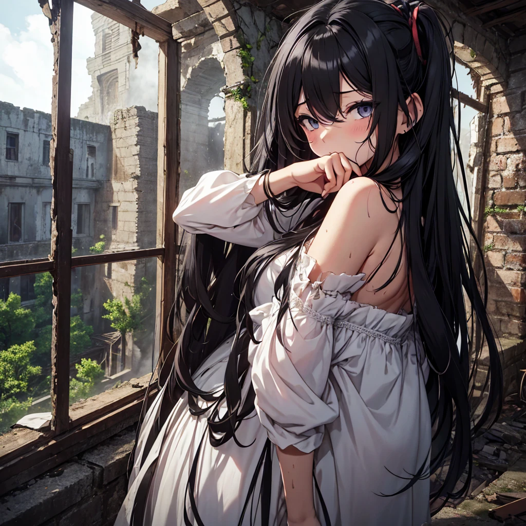 ruins,Fire ruins、Tattered Curtains、One girl, Black Hair, Very long hair, Ahoge, Hair covering one eye, Hair that falls over the shoulders, Super long hair, Hair in the eyes, Wet Hair, Thick hair, A tattered and dirty white dress、solo, Moonlit Night、sanpakueyes,Super huge breasts