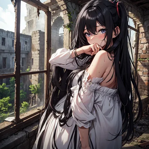 ruins,fire ruins、tattered curtains、one girl, black hair, very long hair, ahoge, hair covering one eye, hair that falls over the ...